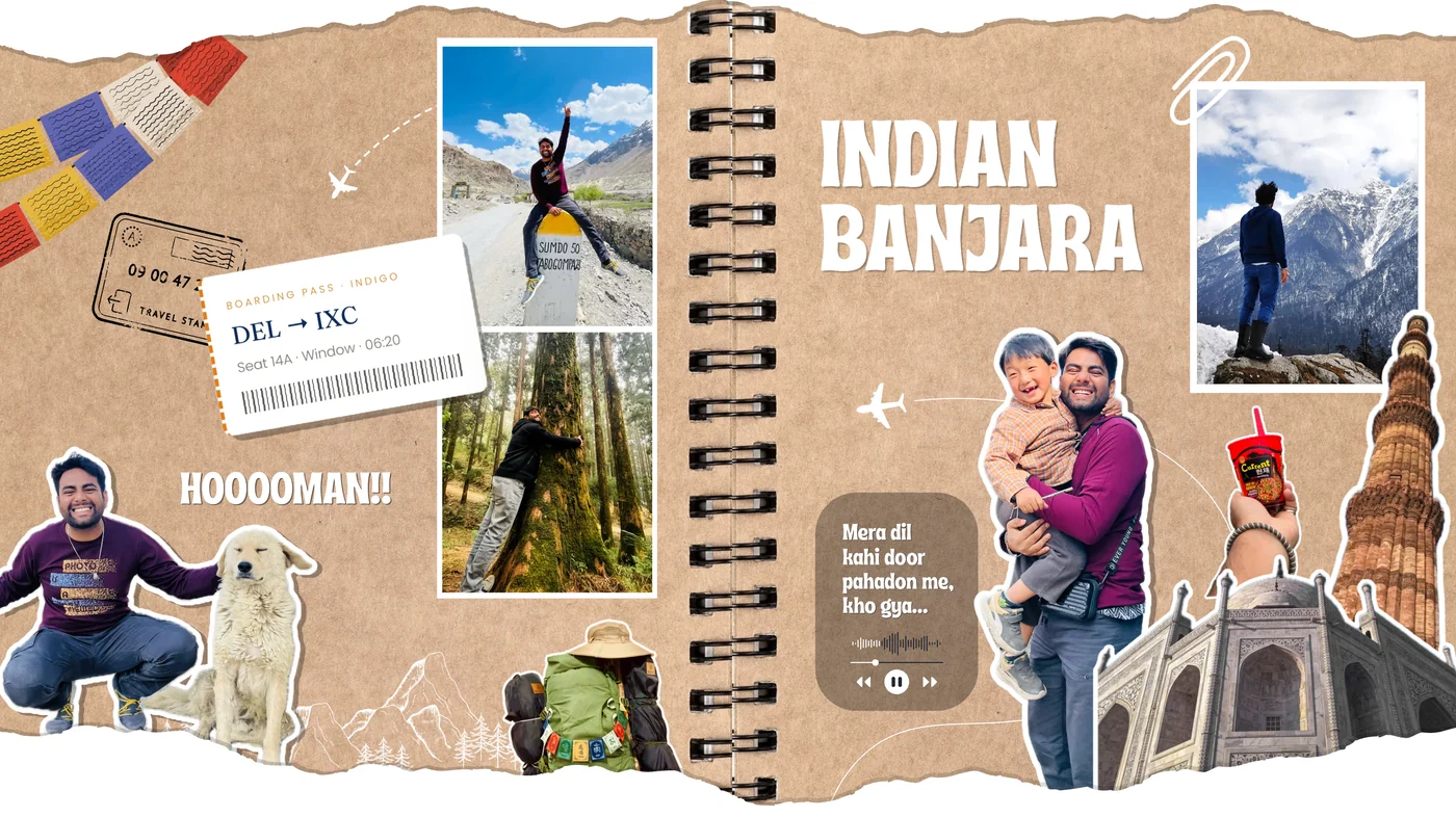 A page from a traveller's scrapbook — photos, tickets and stamps from journeys across India